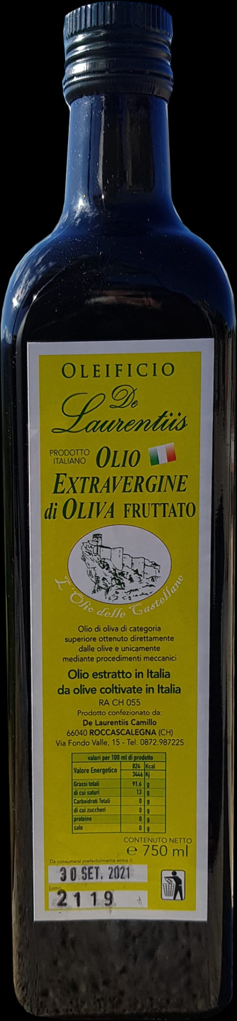 Bottiglia da 750 ml di olio extravergine fruttato De Laurentiis